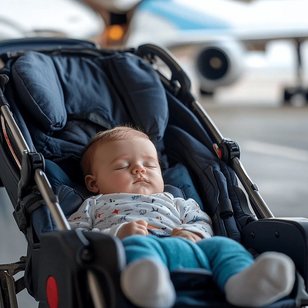 Newborn baby peacefully sleeping in a stroller at an airport terminal with an airplane in the background.