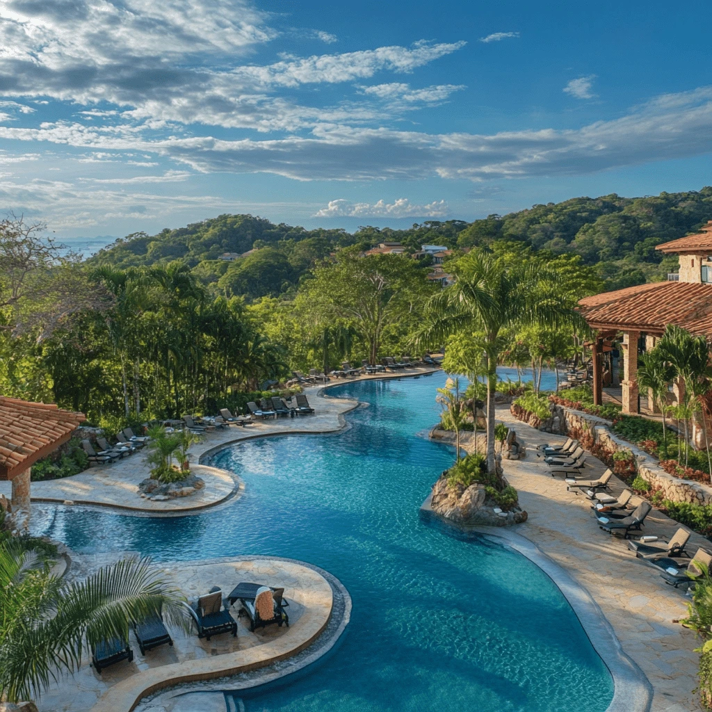 A stunning outdoor pool at a luxurious resort in Costa Rica, surrounded by lush greenery and tropical scenery under a bright blue sky.