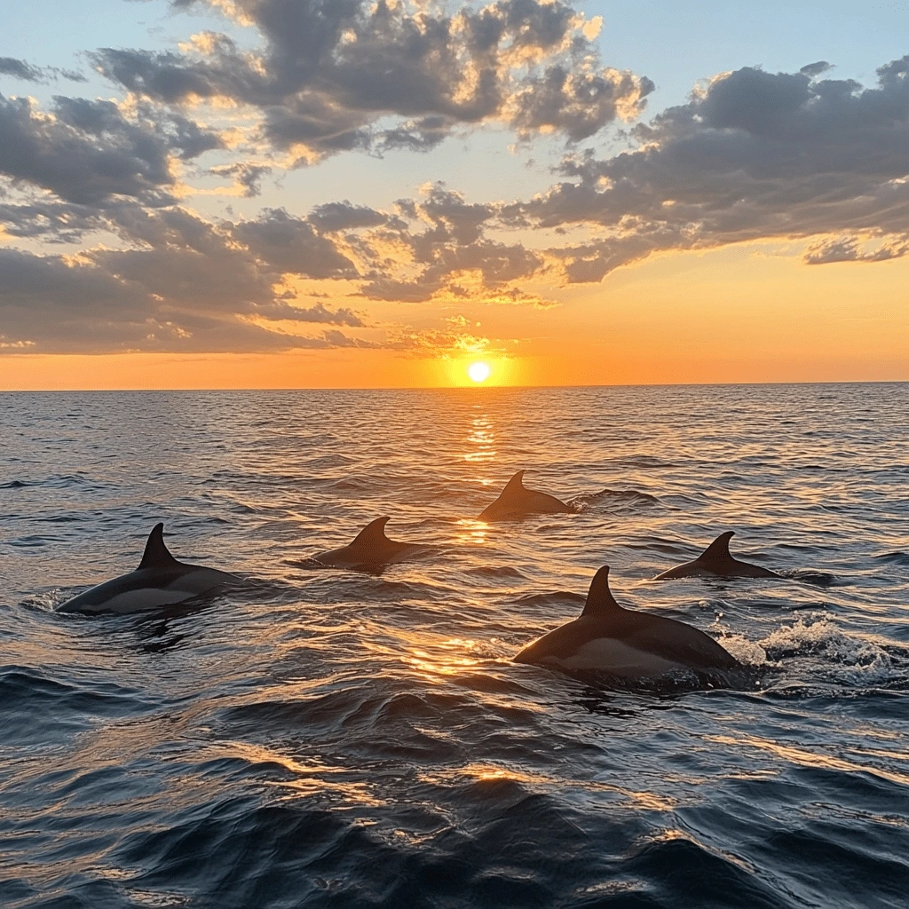 A pod of dolphins swimming in the ocean during a golden sunset, with a vibrant sky and scattered clouds in the background.