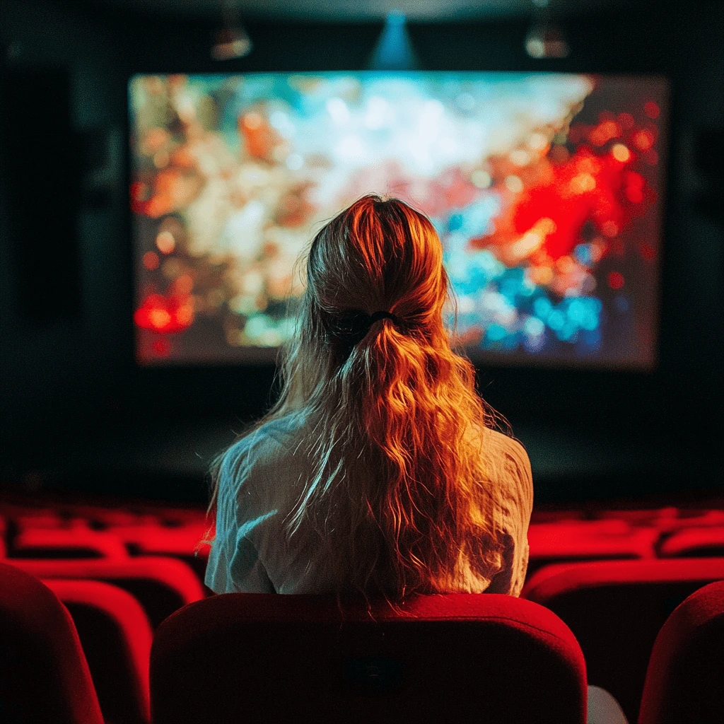 Immersive Entertainment: Captivating Moments on the Big Screen--v_6.1_7d6805b4-96ef-48df-b0fe-12eae43836b3_1-min A woman with blonde hair sitting in a cinema, watching a vibrant screen filled with colorful visuals.