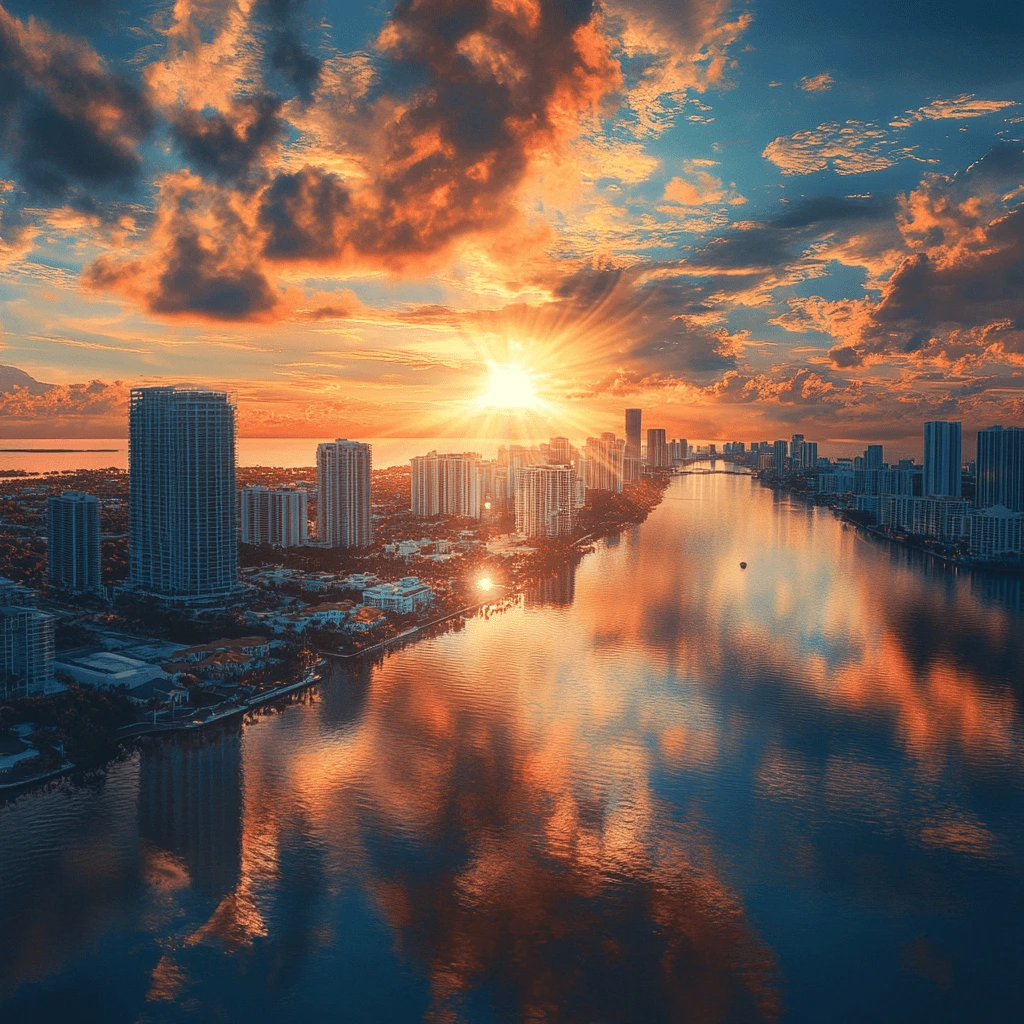 Sunset Over Miami's Skyline and Waterways Aerial view of Miami at sunset, with the city skyline reflected on the calm water and vibrant clouds illuminated by the setting sun.
