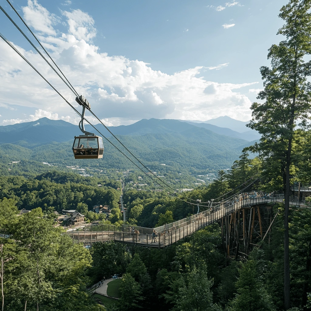 Gatlinburg SkyLift and SkyBridge with Smoky Mountains Views--v_6.1_06a1b35b-3854-4dcc-8743-067002e05c1b_3-min Scenic view of the Gatlinburg SkyLift and SkyBridge surrounded by lush greenery and the Great Smoky Mountains in the background.