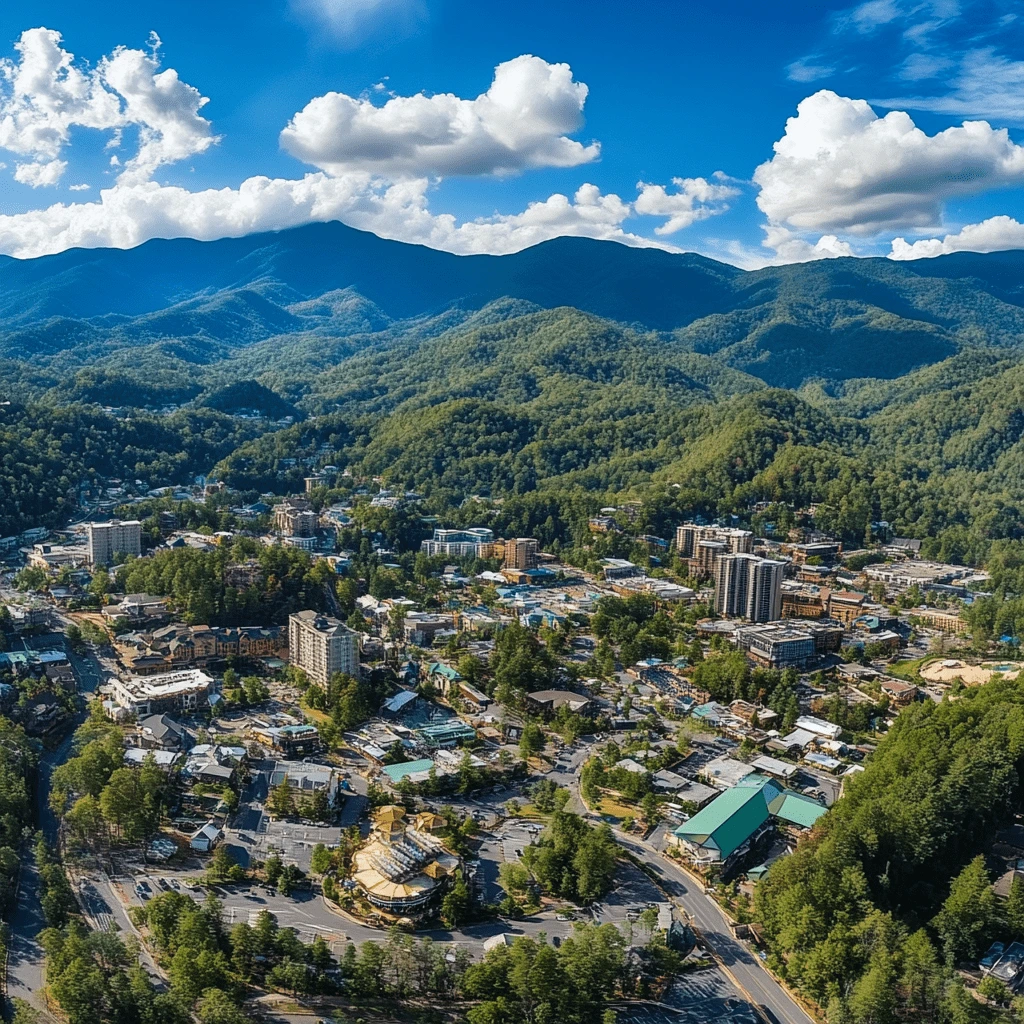Aerial view of downtown Gatlinburg, Tennessee, surrounded by the lush Great Smoky Mountains under a bright blue sky.