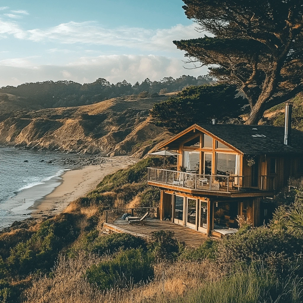 A stunning wooden beachfront house perched on a hillside, overlooking a secluded sandy beach and dramatic coastal cliffs under a clear blue sky.