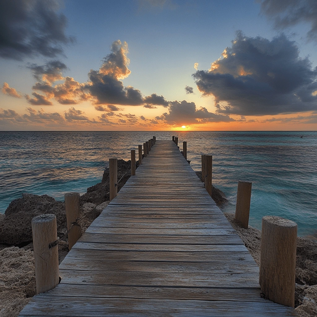 A wooden pier extending over turquoise waters at sunset, with dramatic clouds and a serene horizon in Turks and Caicos.