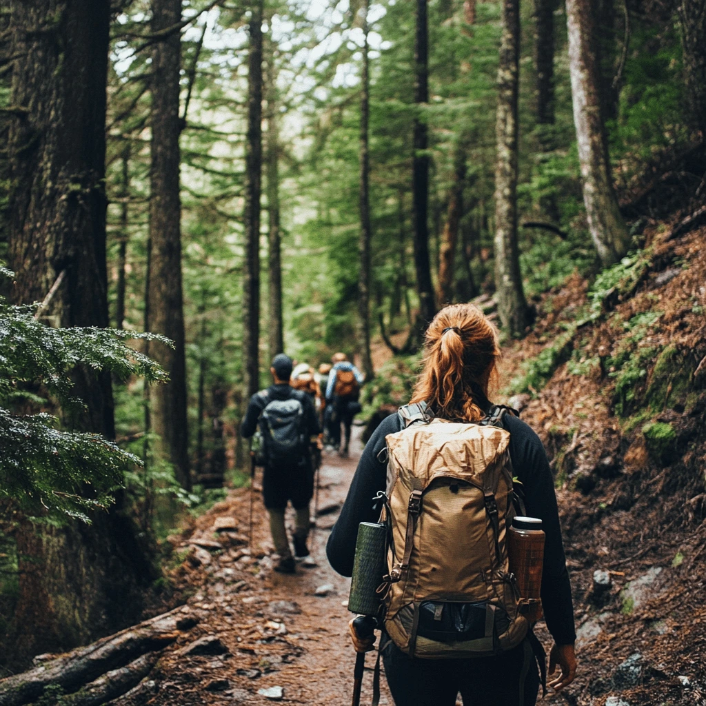 Exploring Forest Trails on a Hiking Adventure--v_6.1_b0c7db76-b8e2-49be-b99e-a6828be26e48_0-min A group of hikers walking through a lush forest trail, with tall trees and vibrant greenery surrounding them. The focus is on a woman with a backpack leading the way.