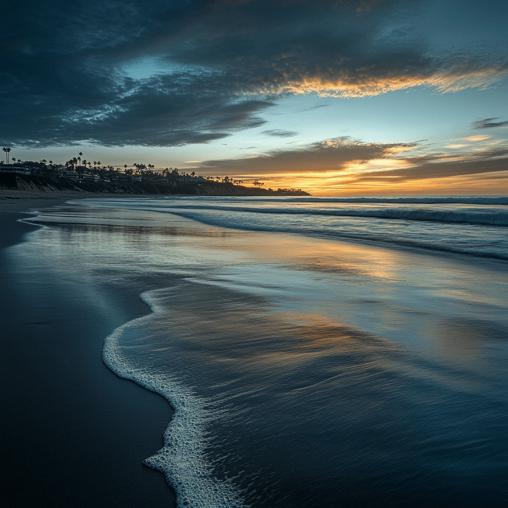 Golden Sunset at a Tranquil Beach Sunset at a serene beach with gentle waves rolling onto the shore, palm trees silhouetted against the colorful sky.