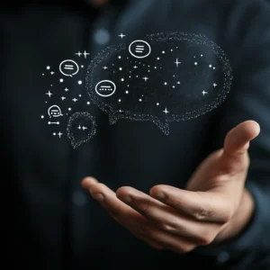 Bridging Language Gaps: Communication Made Easy with Technology A hand reaching out to digital speech bubbles with glowing dots and icons, symbolizing communication and connection.
