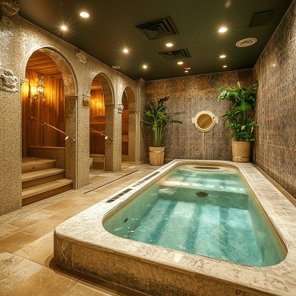 Relaxing Indoor Pool at Spa Castle, Queens, New York Luxurious indoor spa pool with mosaic walls and warm lighting at Spa Castle in Queens, New York.