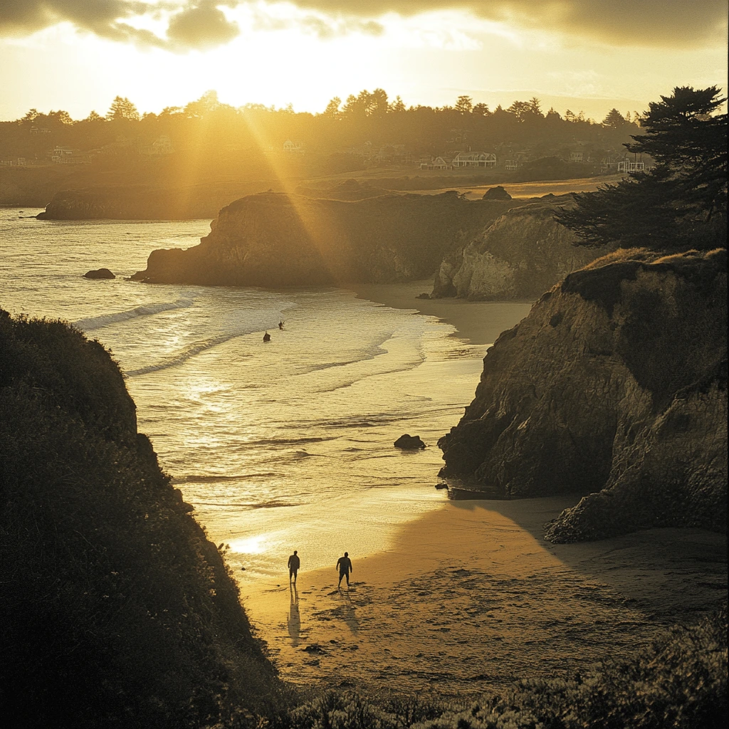Sunset view of a secluded beach in Mendocino, California, with cliffs and golden sand.