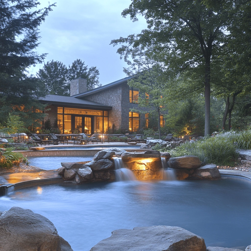 Serene Outdoor Spa at The Lodge at Woodloch in the Pocono Mountains Outdoor spa pool with waterfall feature surrounded by trees and a cozy lodge at The Lodge at Woodloch.
