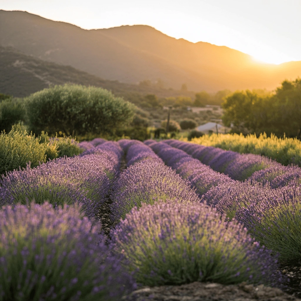 Lavender fields at sunset in Ojai, California, with mountains in the background.
