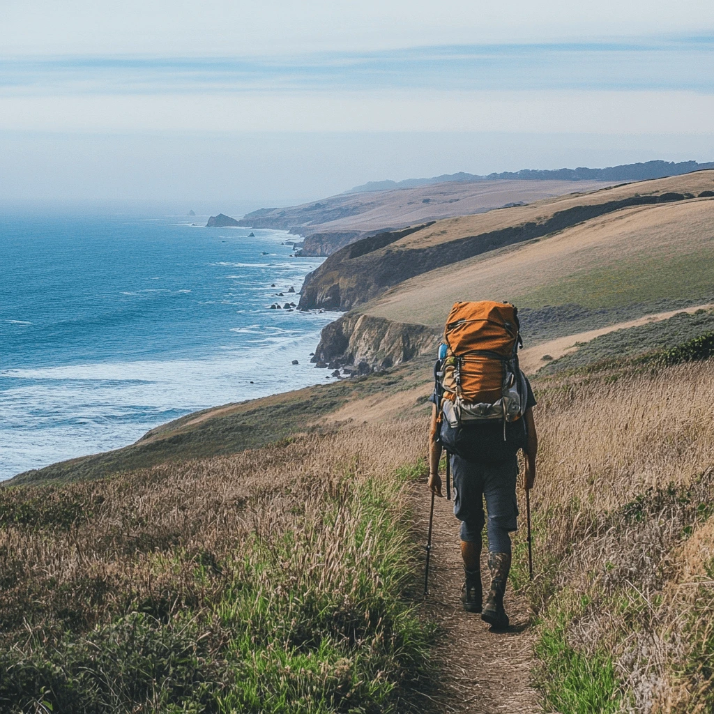 A hiker with an orange backpack walking along the Tomales Point Trail overlooking the Pacific Ocean coastline in Point Reyes National Seashore.
