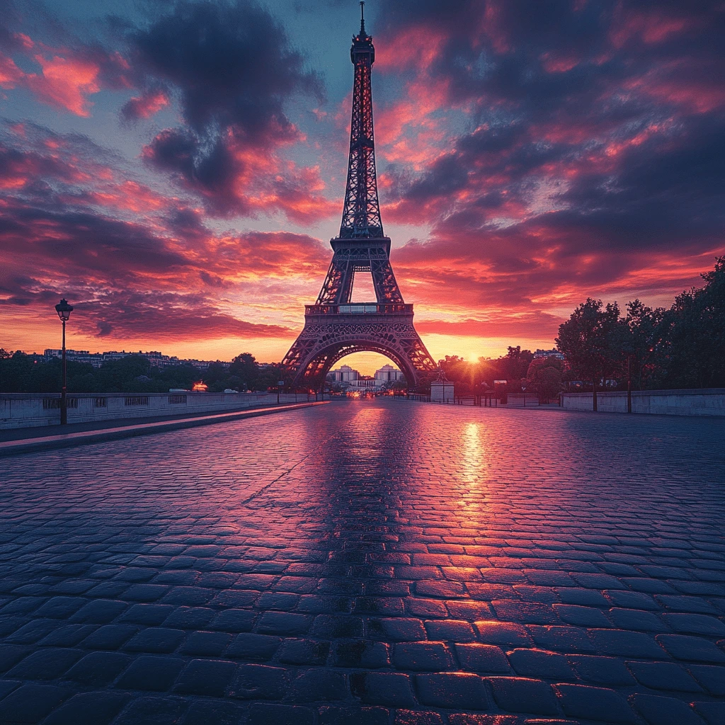 Eiffel Tower at Sunset - Parisian Elegance and Drama--v_6.1_9402383d-bcbb-416f-807f-f36d187c38b3_1-min The Eiffel Tower at sunset with dramatic pink and purple clouds reflecting on a cobblestone plaza in Paris