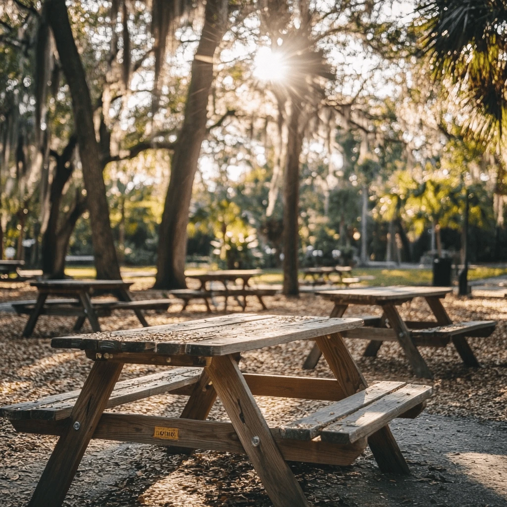 Serene Picnic Spot in Tampa's Parks Wooden picnic tables under the shade of trees in a tranquil park, with sunlight streaming through the branches.