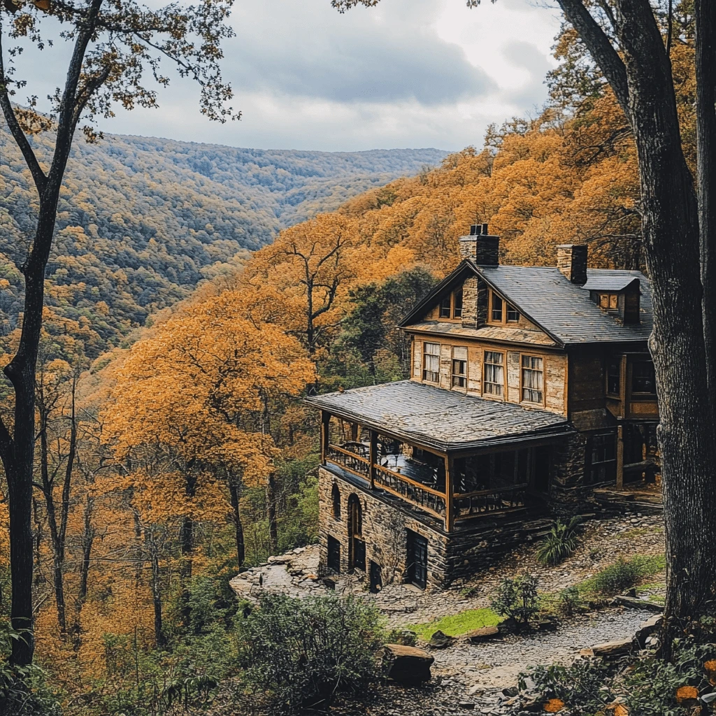 Rustic Mountain Escapes: A Cozy Cabin Retreat in West Virginia A cozy, rustic mountain cabin surrounded by vibrant autumn foliage in the scenic hills of West Virginia.