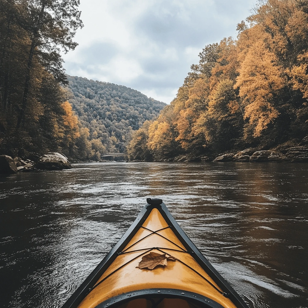 Kayaking Through Autumn Splendor: A West Virginia Adventure A yellow kayak gliding through a calm river surrounded by forested hills with vibrant autumn foliage in West Virginia.