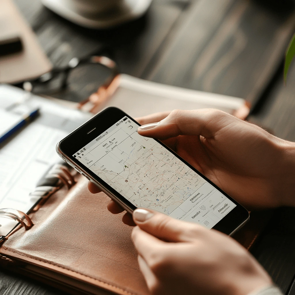 A person holding a smartphone with a map app open, surrounded by travel essentials on a wooden desk.