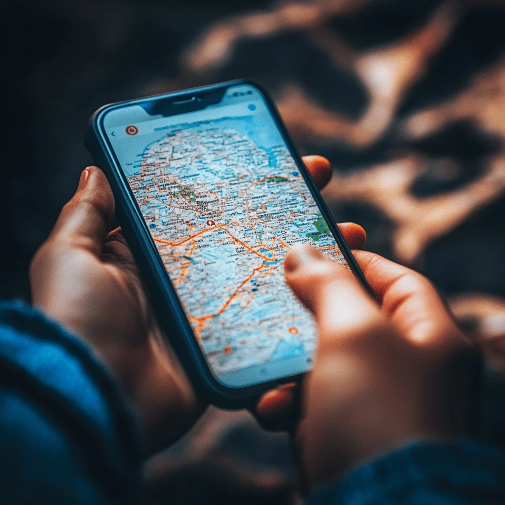 Navigate Like a Pro: Travel Maps for Every Journey Hands holding a smartphone displaying a detailed map with marked routes, suggesting navigation or trip planning.