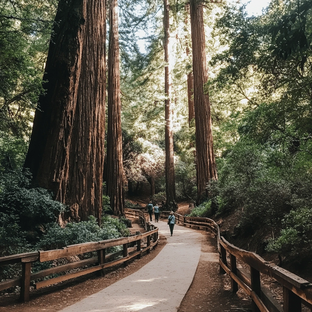 Visitors walking along a paved trail surrounded by towering redwood trees in Muir Woods National Monument, California