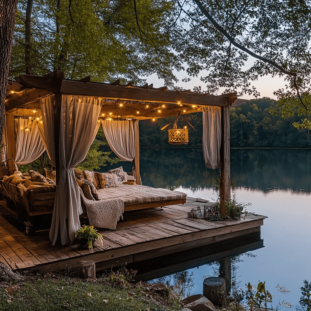A cozy outdoor pergola with string lights and flowing curtains, set on a lakeside deck surrounded by tranquil forest scenery.