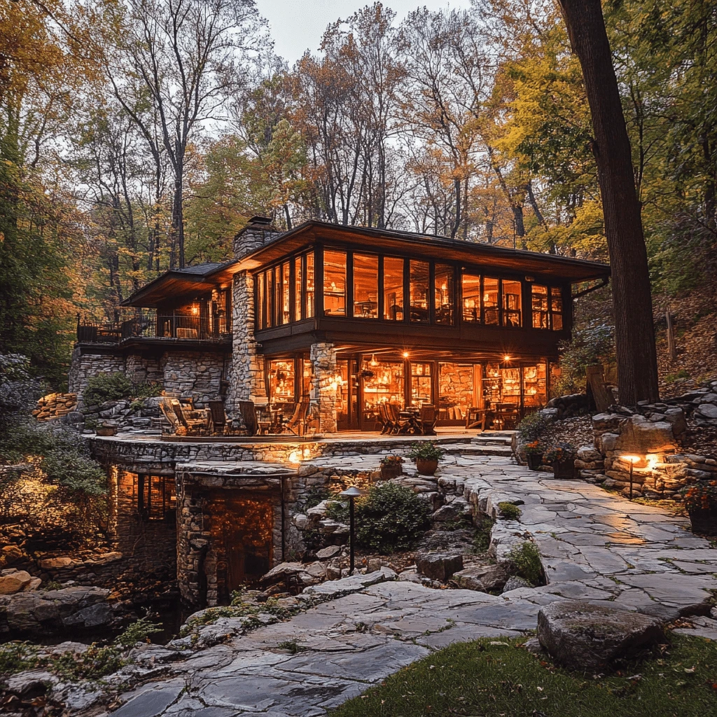 A luxurious stone and glass cabin surrounded by lush autumn forest, featuring warm lighting and a scenic stone pathway leading to the entrance