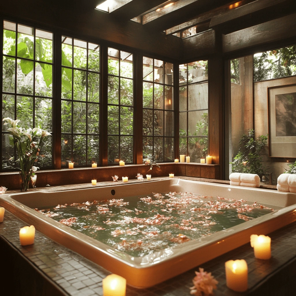Romantic Indoor Jacuzzi at a Spa Retreat in New York--v_2c8975f6-2070-438c-a94c-d01285248253_0-min Luxurious indoor jacuzzi with floating petals, surrounded by candles and large windows overlooking greenery.