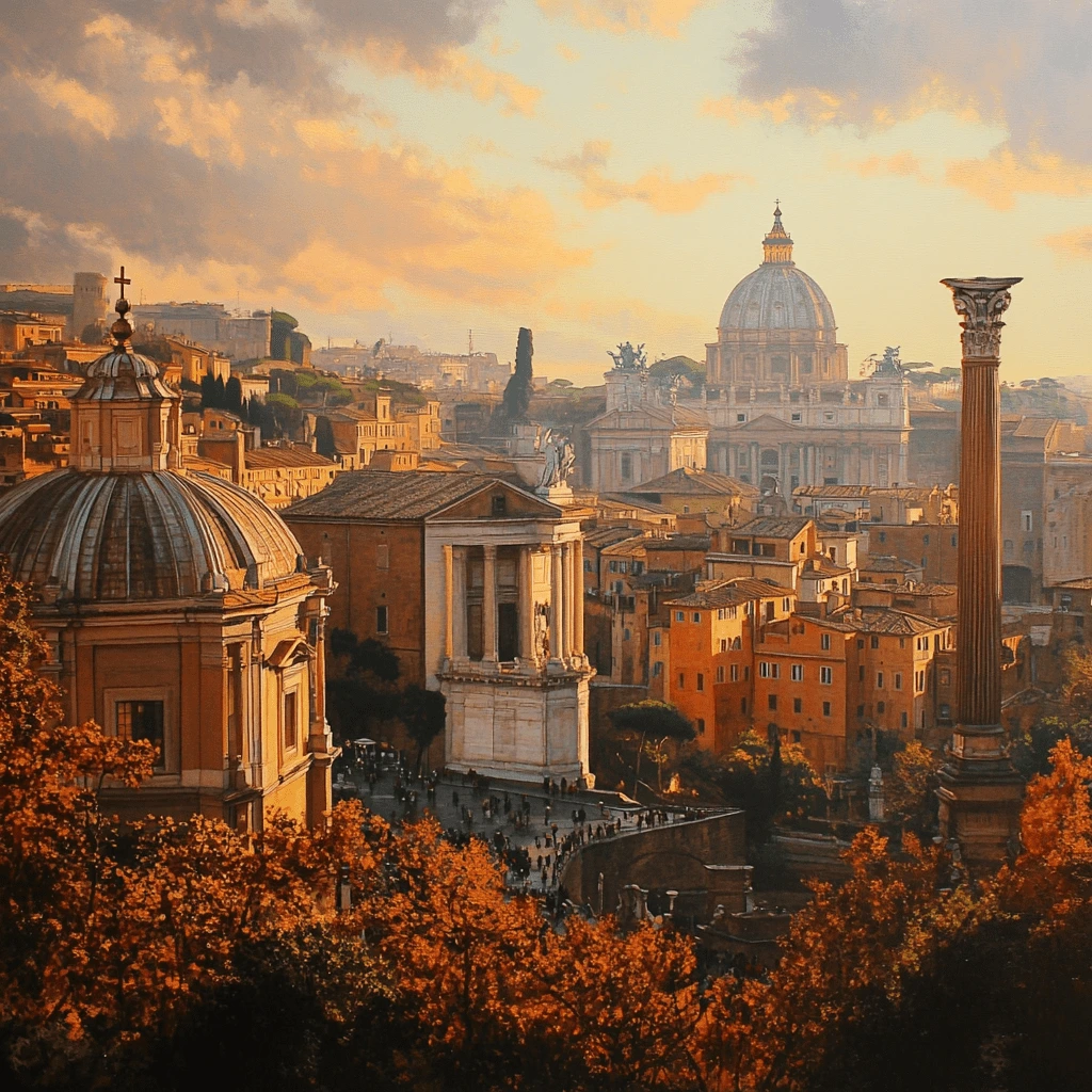 A panoramic view of Rome at sunset, showcasing historic domes, columns, and vibrant buildings under a warm golden sky.