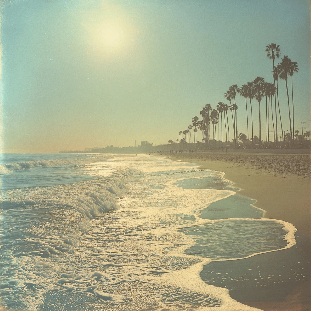 Santa Monica Beach at Sunset: Iconic California Charm--v_6.1_5965311a-ee26-456f-a73b-3704d298b9f5_0-min Golden sunlight over Santa Monica Beach with gentle waves, palm trees lining the shoreline, and a distant view of the pier in California.