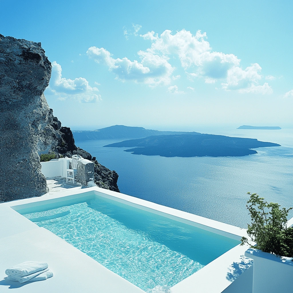 Santorini's Serenity - Infinity Pool with a View--v_6.1_17d4778a-aedb-4357-a4b4-b554eae38665_1-min An infinity pool overlooking the stunning blue waters and volcanic islands of Santorini under a clear, sunny sky.