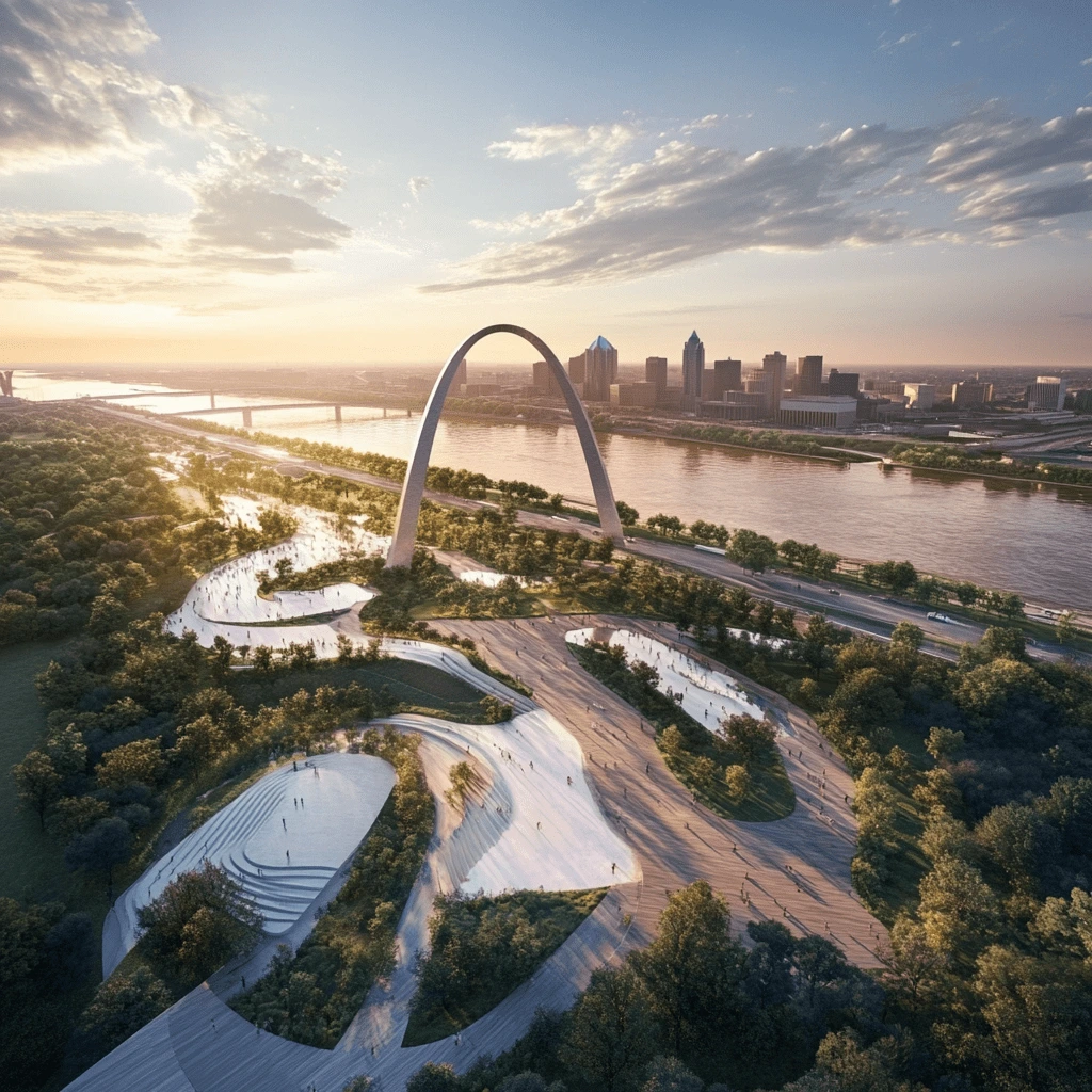 A stunning aerial view of the Gateway Arch in St. Louis at sunrise, surrounded by lush greenery and the Mississippi River.