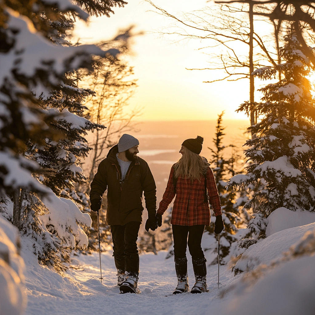 Romantic Winter Escapes: Sunset Strolls in Snowy West Virginia A couple walking hand in hand on a snow-covered trail surrounded by pine trees at sunset, creating a romantic winter setting.