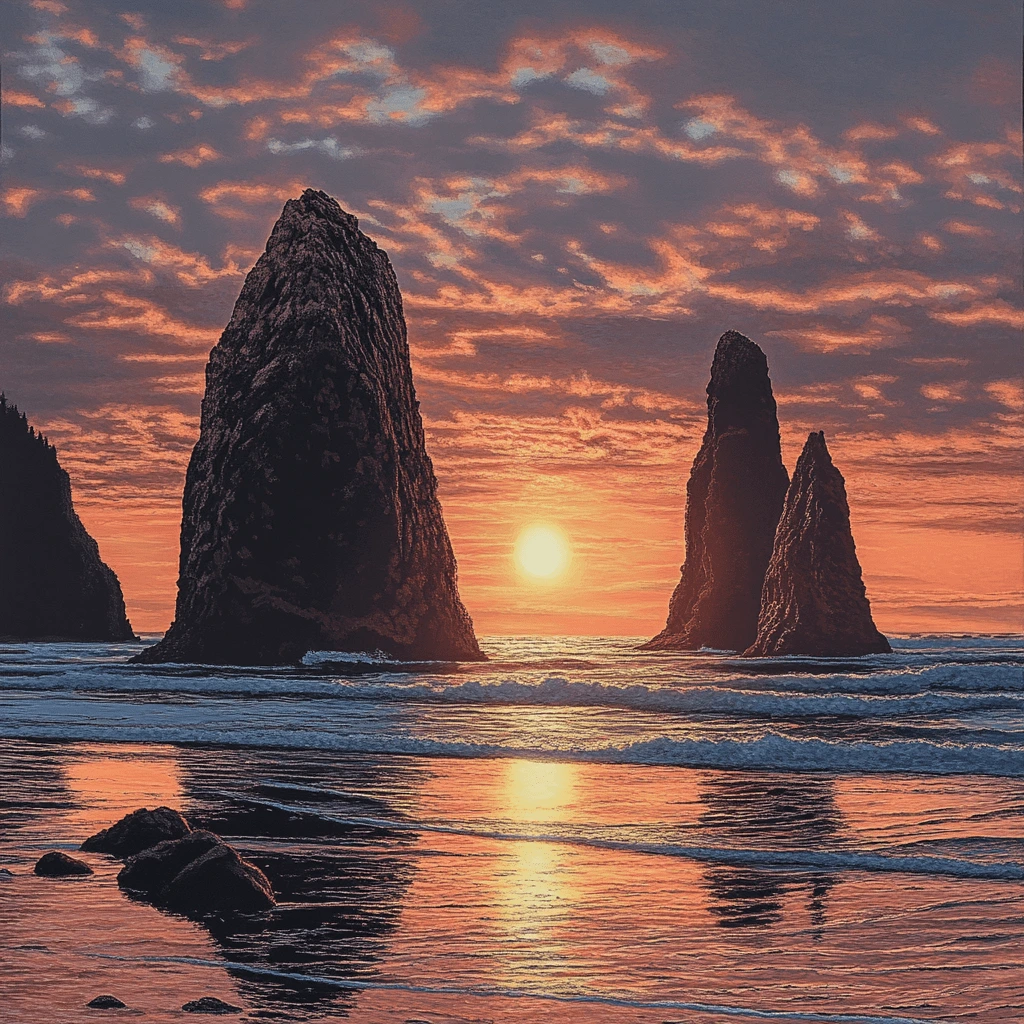 Sunset Over Iconic Sea Stacks: A Coastal Masterpiece-0a3f-434b-9d2f-31e4b5a4756a_0-min Stunning sunset behind towering sea stacks on a beach, with vibrant reflections on the water and a dramatic cloudy sky