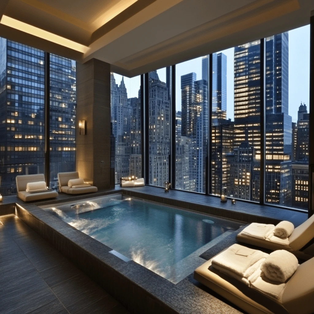 Luxury indoor pool with a stunning view of the New York City skyline through floor-to-ceiling windows.