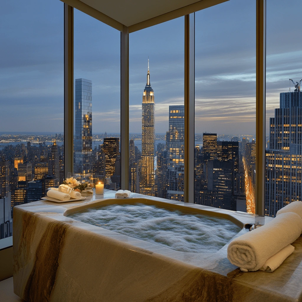 Romantic Spa Tub with Empire State Building View in New York City--v_6.1_fad0da13-9ead-4fb6-ac51-47736dd44470_2-min Luxurious marble hot tub with a view of the Empire State Building and New York City skyline during twilight