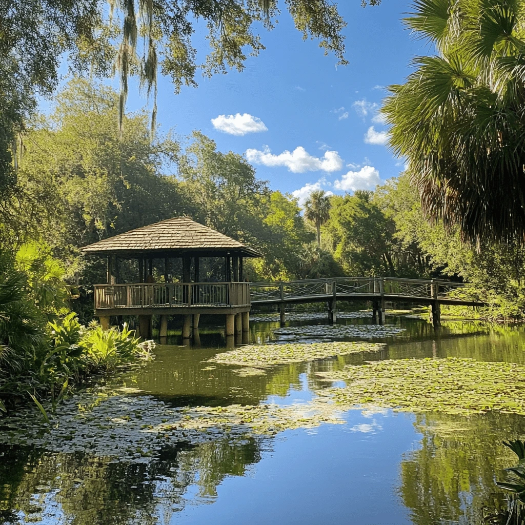 Tranquil Gazebo and Pond at a Tampa Park--v_6.1_a7bdeb17-0d0f-4f1d-aeff-c5e053da2dd1_1-min A scenic gazebo overlooking a lily-covered pond, surrounded by lush greenery and a wooden footbridge under a bright blue sky.