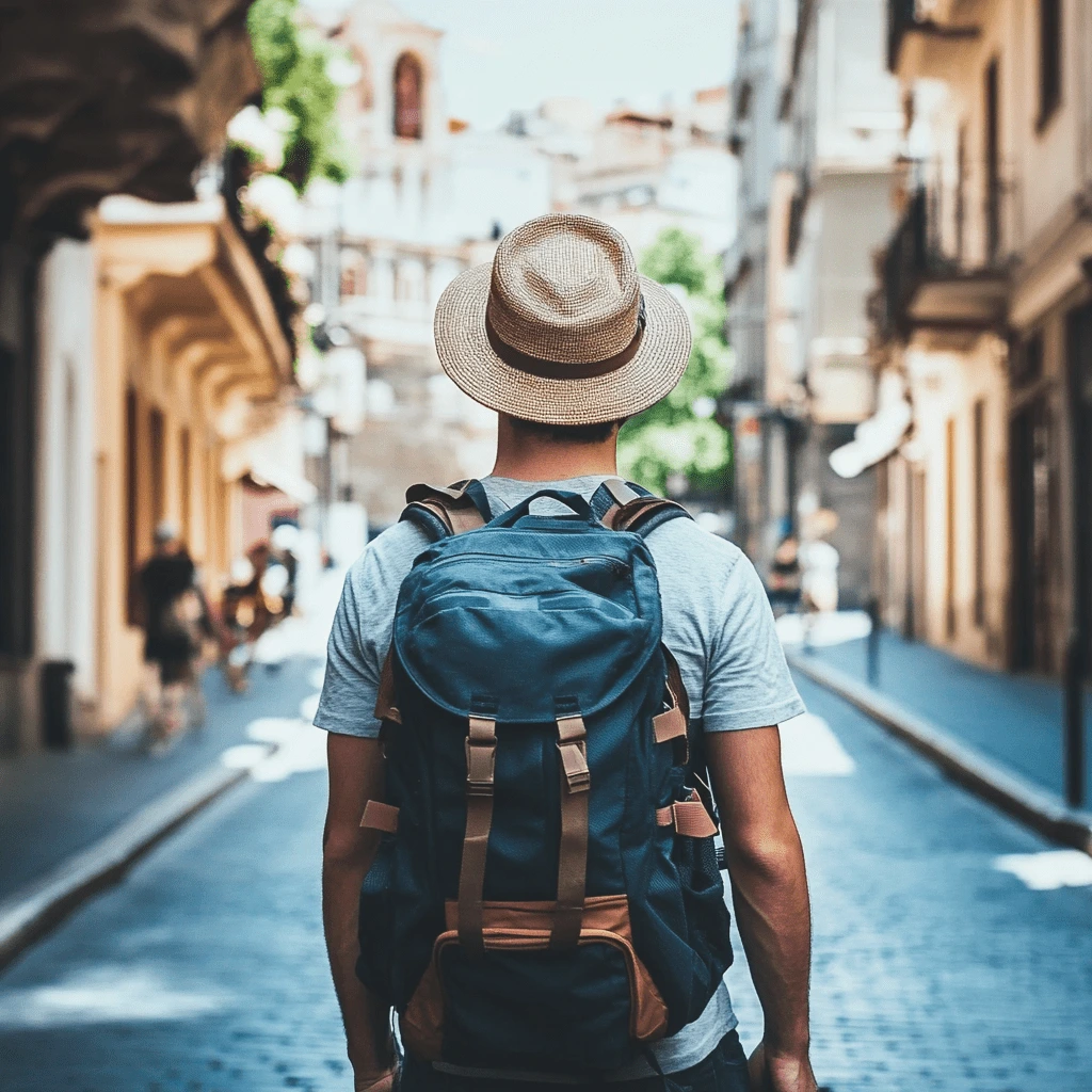 A solo traveler wearing a straw hat and backpack walking down a cobblestone street in a historic European town on a sunny day