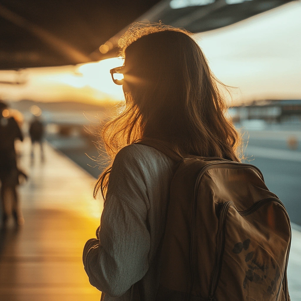 A woman with a backpack standing at a station during sunset, gazing toward the horizon.