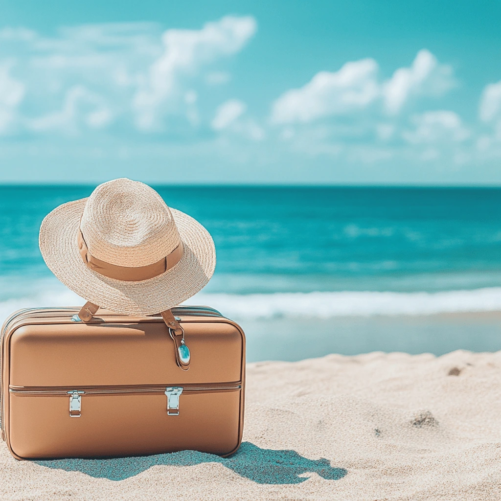 Travel Light: Relaxation and Adventure Await A suitcase with a straw hat on top, placed on a sandy beach with a clear blue ocean in the background.