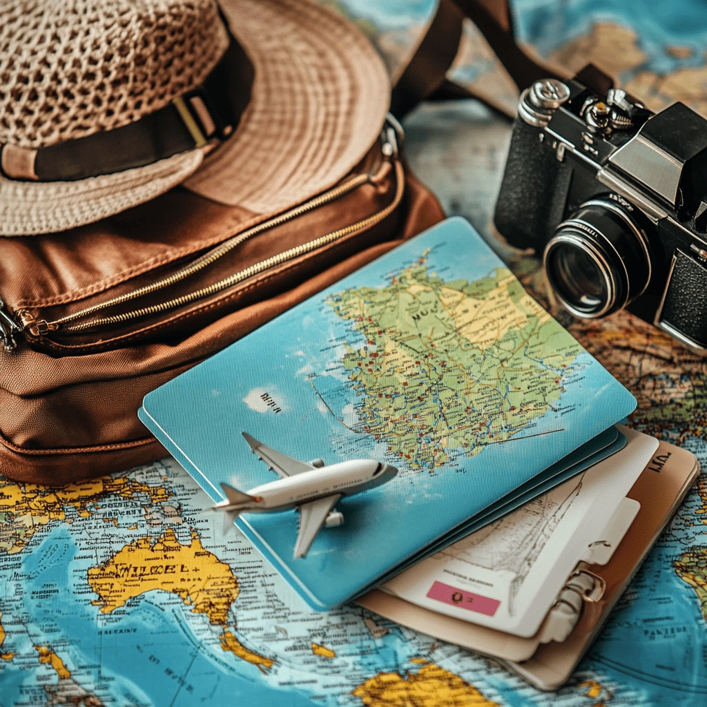 Represent Safest Travel Destinations : A close-up of travel essentials including a map, a miniature airplane, a passport, a leather bag, a straw hat, and a vintage camera, arranged on a world map.