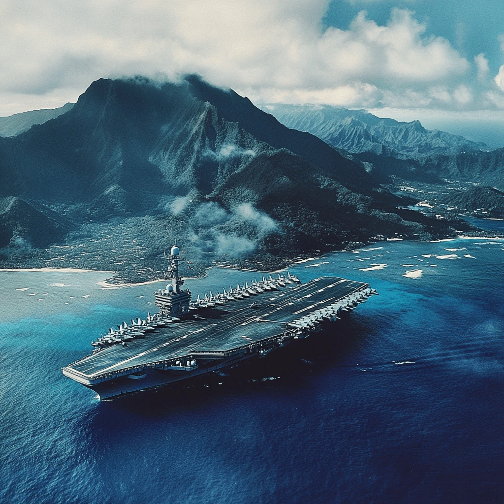 U.S. Navy Aircraft Carrier Near a Tropical Island U.S. Navy aircraft carrier stationed near a mountainous san clemente island, ai generated