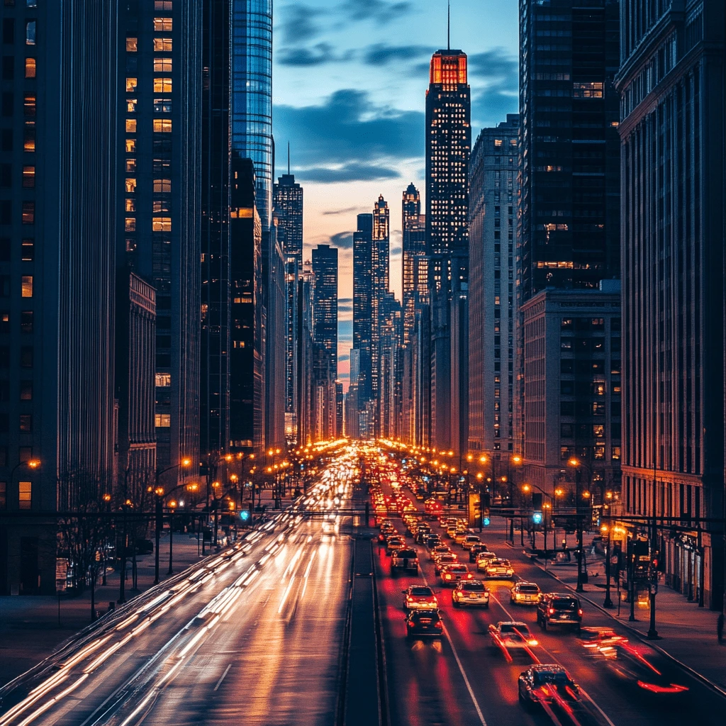 Dynamic City Lights at Twilight-_81f56624-10cc-4ab1-beb3-4b18a286e496_3-min A bustling city street at twilight, with bright headlights and taillights creating a vibrant stream of motion. Skyscrapers tower over the scene, reflecting the glow of the evening lights.