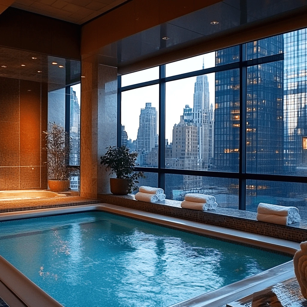 Luxury Indoor Spa Pool with Skyline Views in New York City--v_6.1_b87403e1-43bf-466c-a3b1-1a2cf29e1ad7_1-min Indoor spa pool with floor-to-ceiling windows showcasing the New York City skyline, including the Empire State Building.