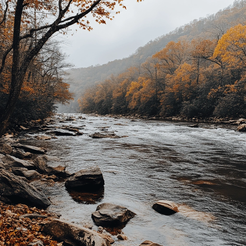 Tranquility Along West Virginia’s Rivers: Autumn at Its Finest A serene river flowing through a valley surrounded by autumn foliage in West Virginia, with rocks scattered along the riverbank.