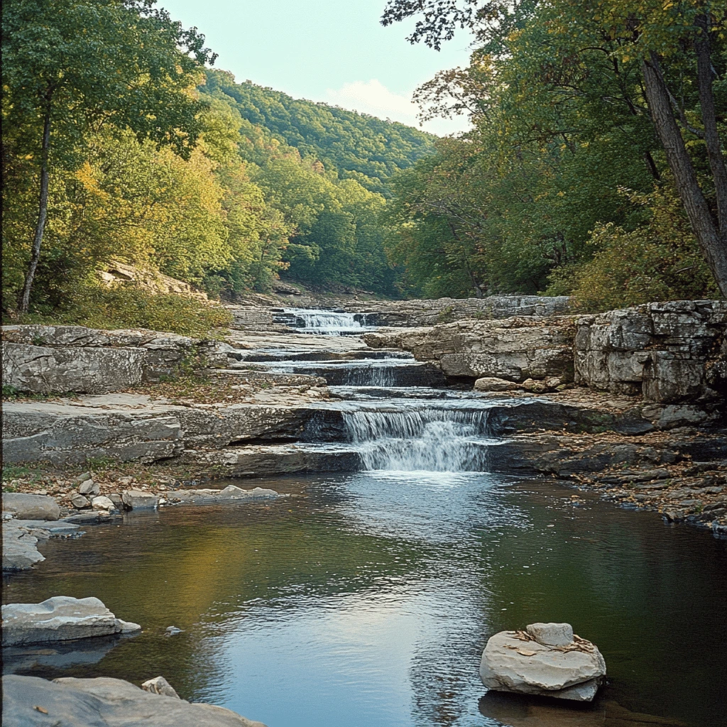 Cascading Waterfalls in West Virginia: A Nature Lover’s Paradise A peaceful series of cascading waterfalls flowing over rocky ledges, surrounded by lush green forest in a serene valley in West Virginia.