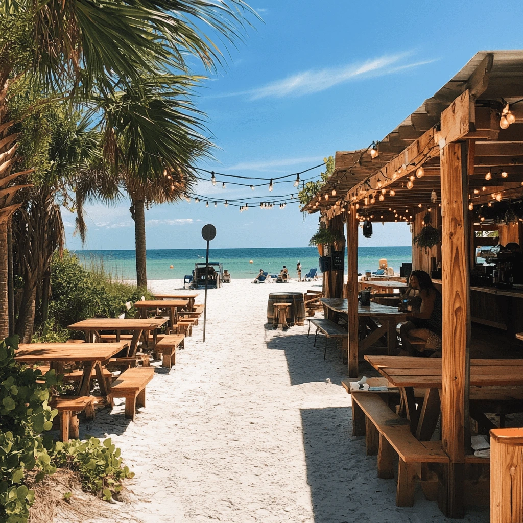 A cozy beachside restaurant with wooden tables and string lights leading to a pristine sandy beach with turquoise waters under a clear blue sky.