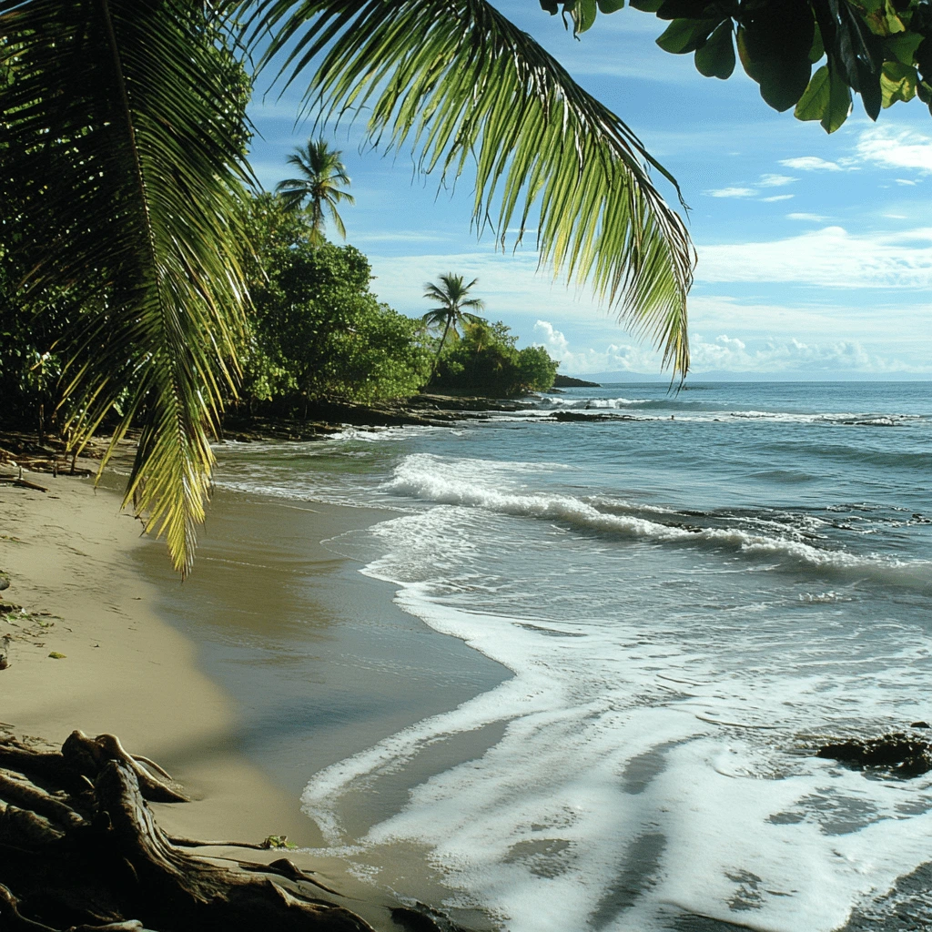 A tranquil Caribbean beach in Manzanillo, Costa Rica, with gentle waves, golden sand, and lush tropical palm trees framing the shoreline.