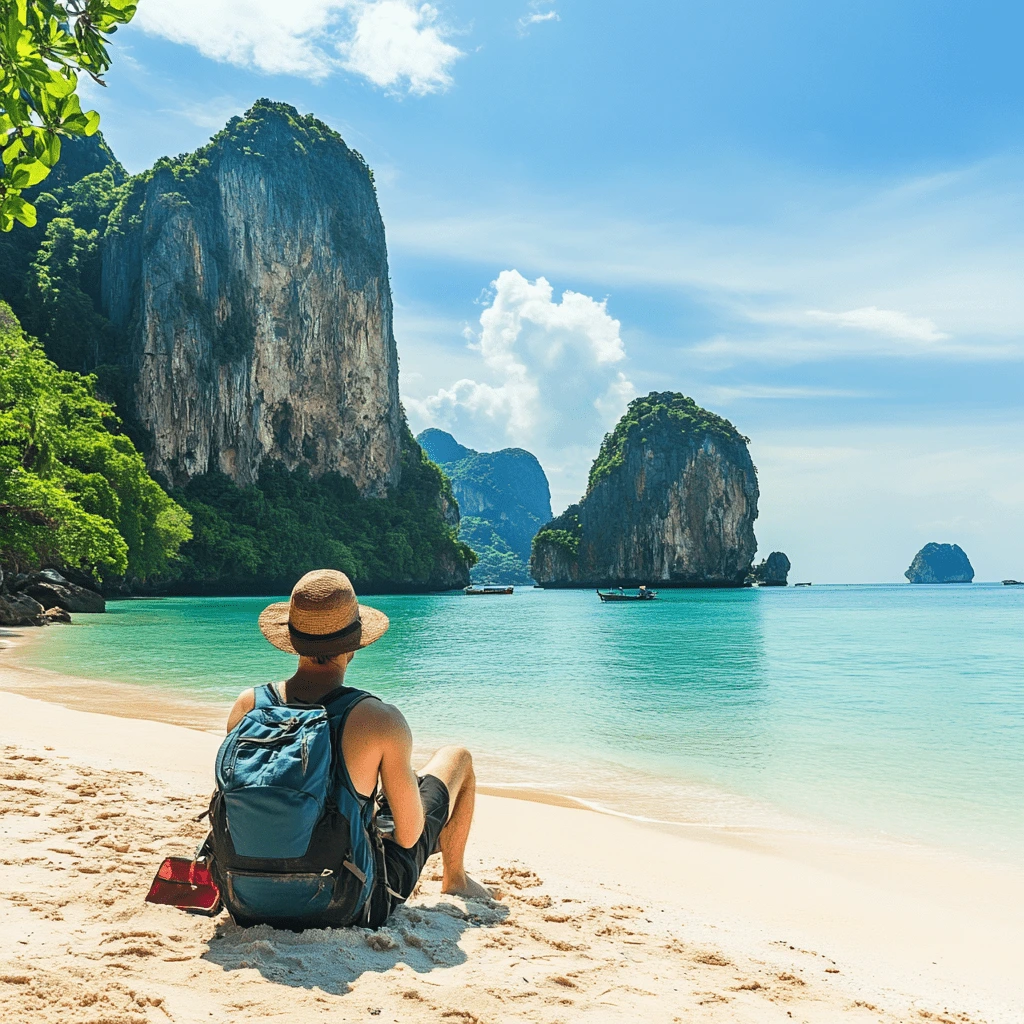 A young man with a backpack and hat sitting on a pristine beach, admiring the turquoise water and limestone cliffs.