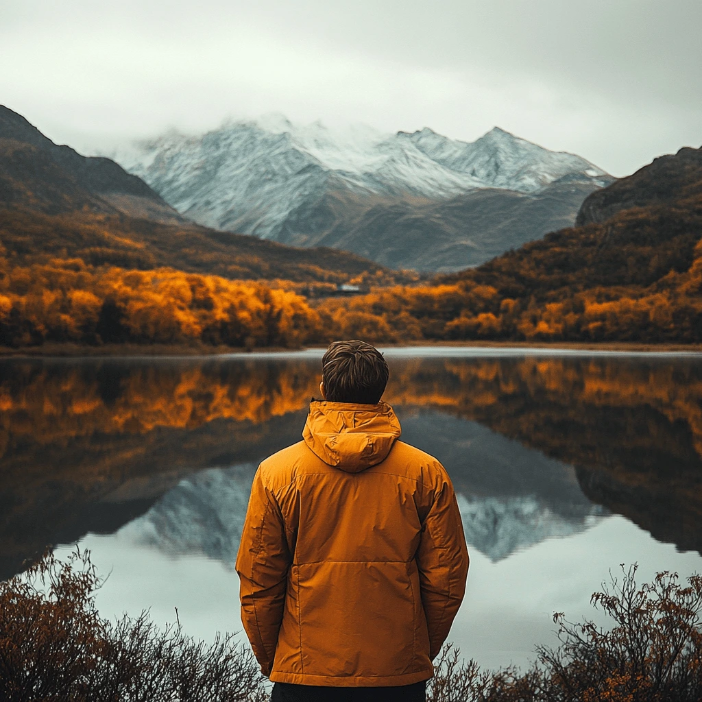A man wearing a mustard-yellow jacket stands by a calm lake surrounded by vibrant autumn foliage and snow-capped mountains in the distance.