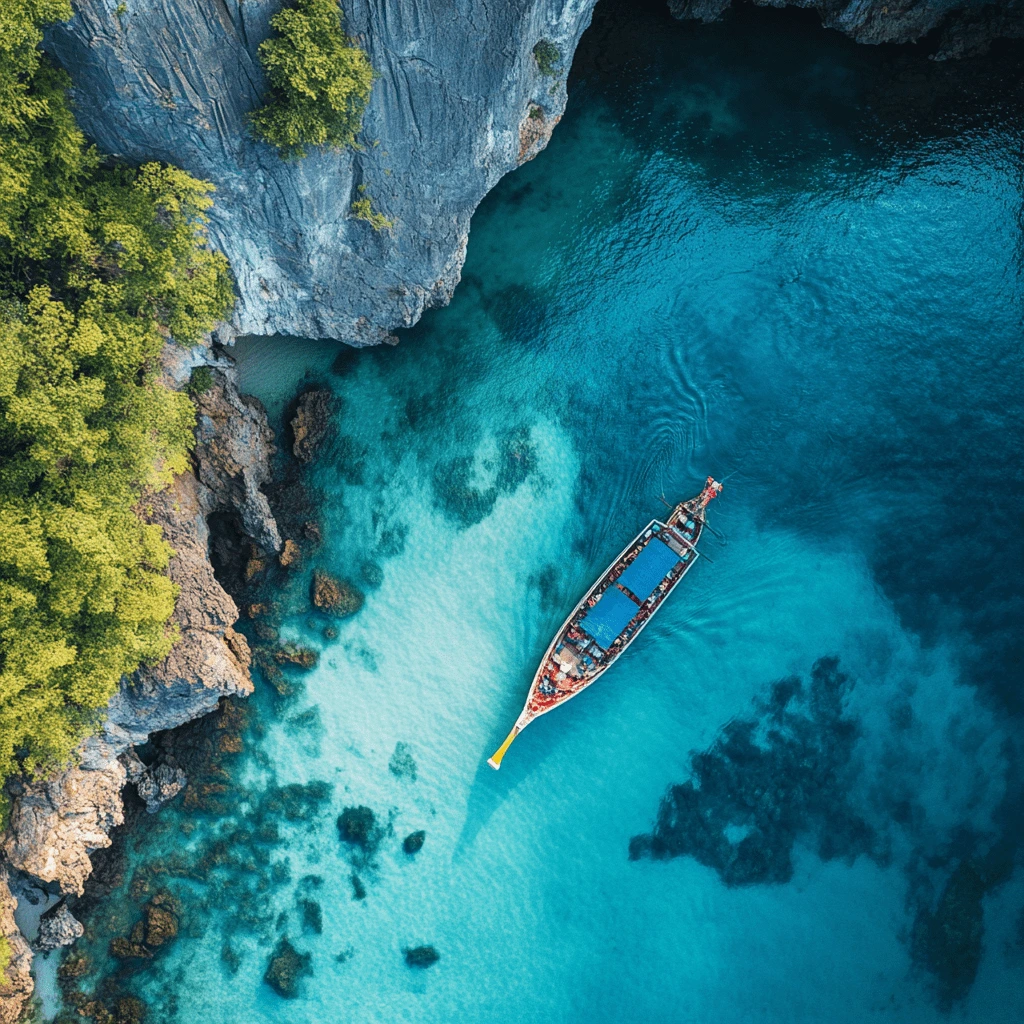 Aerial view of a traditional long-tail boat gliding through crystal-clear turquoise waters near towering limestone cliffs surrounded by lush greenery.